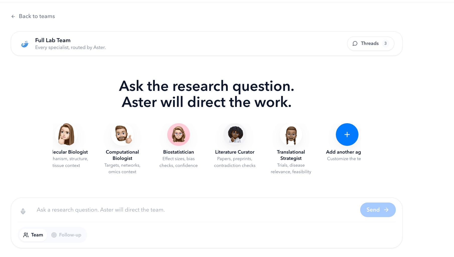 Cornucopia Discovery Full Lab Team: ask a research question and Aster directs the specialists